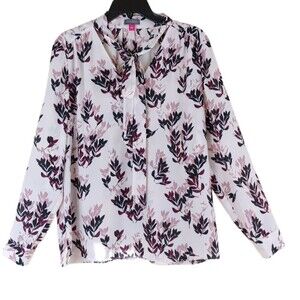 Vince Camuto long sleeves blouse bow tie neck leaves print relaxed size small